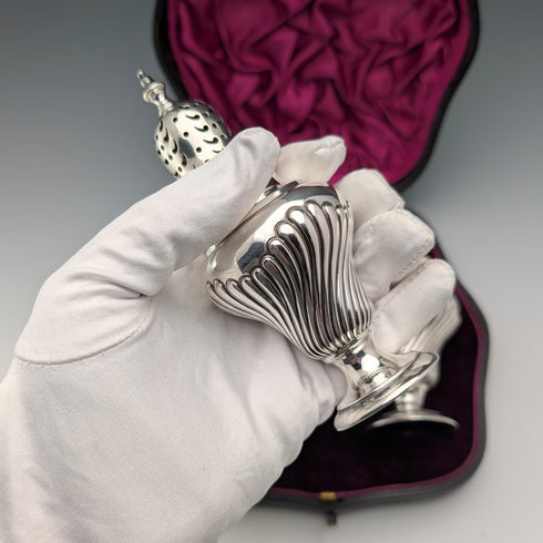 1892 British antique sterling silver sugar shaker pair, 145g total, Possibly Sibray Hall & Co, case included